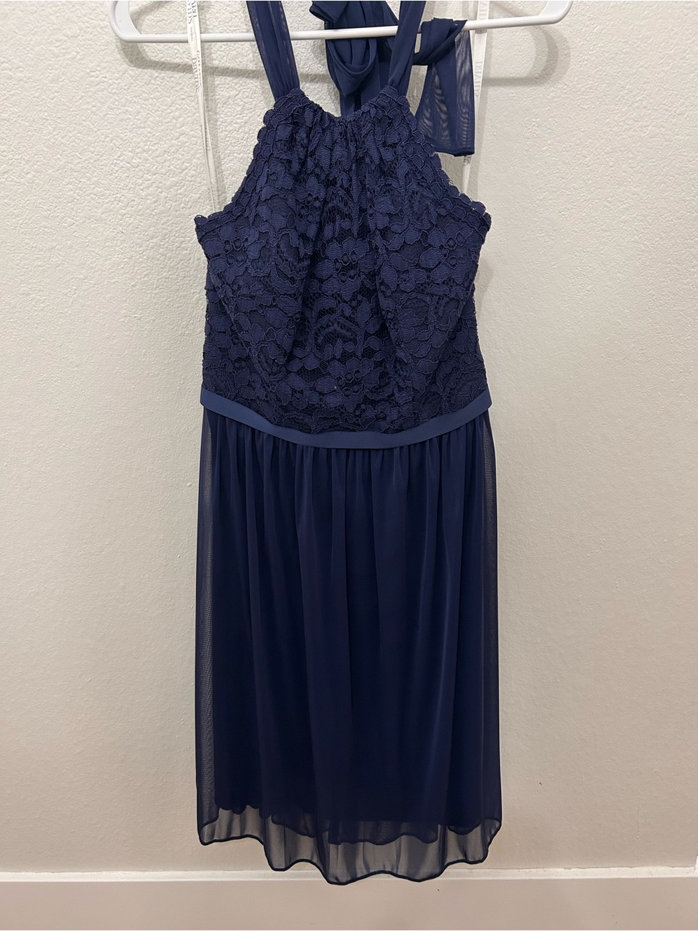 David's Bridal Navy Lace Halter Midi Dress with Chiffon Skirt